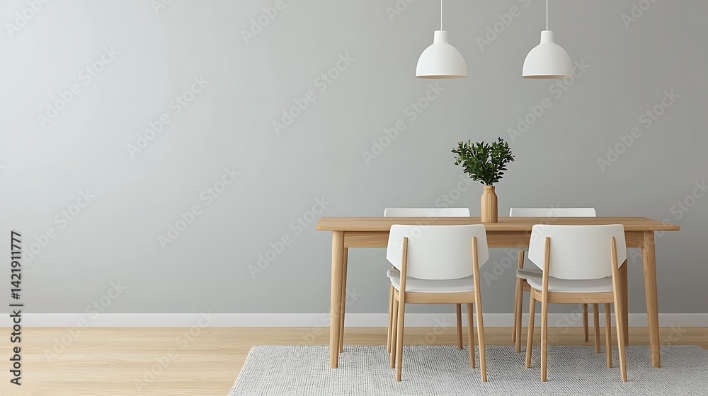 Modern dining room interior showcasing wooden table, chairs, plants, and pendant lights against gray wall; simple, elegant setting.