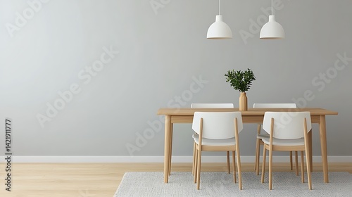 Obraz na płótnie Modern dining room interior showcasing wooden table, chairs, plants, and pendant lights against gray wall; simple, elegant setting. w salonie