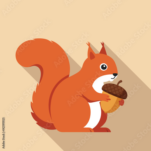 Red squirrel holding acorn in flat style with long shadow vector illustration for nature and wildlife designs