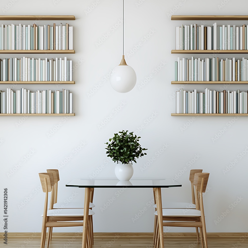 Modern dining room with bookshelves, minimalist design, featuring a glass table, wooden chairs and decorative plant.