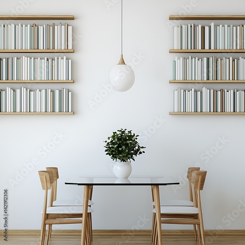 Modern dining room with bookshelves, minimalist design, featuring a glass table, wooden chairs and decorative plant.