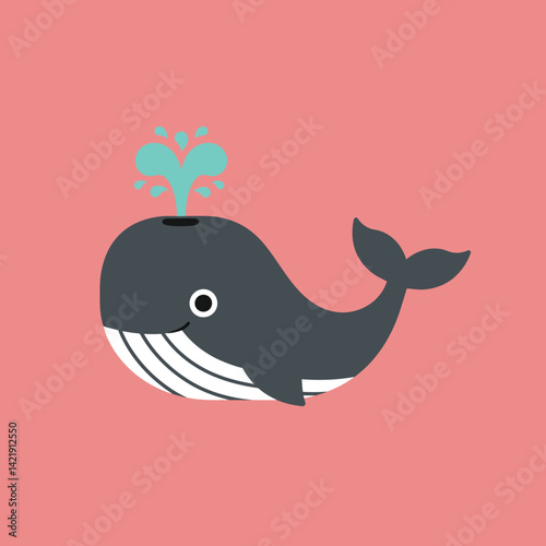 Cute whale spouting water in simple flat style on pink background vector illustration 