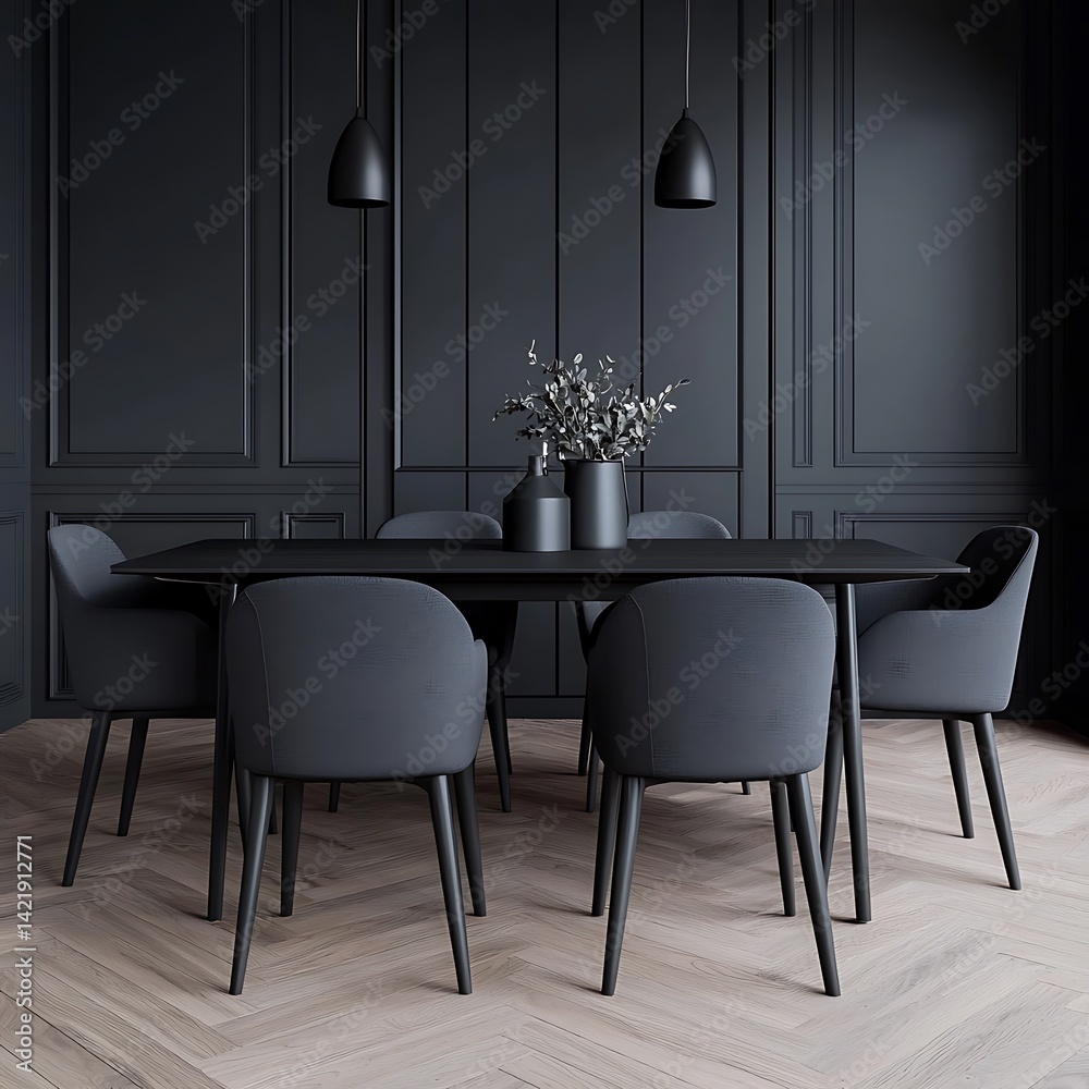 Modern Dining Room with Dark Walls, Wood Flooring, Contemporary Furniture, and Stylish Lighting Creates an Elegant Atmosphere.