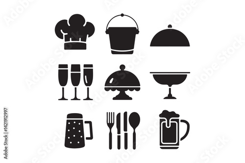Kitchen and Dining Icon Silhouettes Chef Hat, Utensils, Drinkware, Food Cover Vector Set