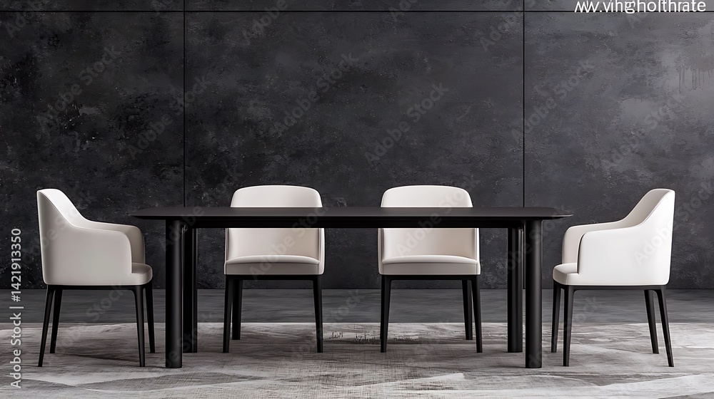 Modern Dining Room with Minimalist Black Table and White Chairs on Textured Rug against Dark Wall.
