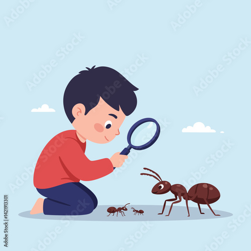Boy examining ants with magnifying glass close up curiosity and exploration concept vector illustration 