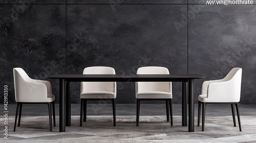 Obraz na płótnie Modern Dining Room with Minimalist Black Table and White Chairs on Textured Rug against Dark Wall. w salonie