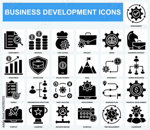 Business Development icon set collection. Idea, Management, Brain, Revenue, Target, Leadership