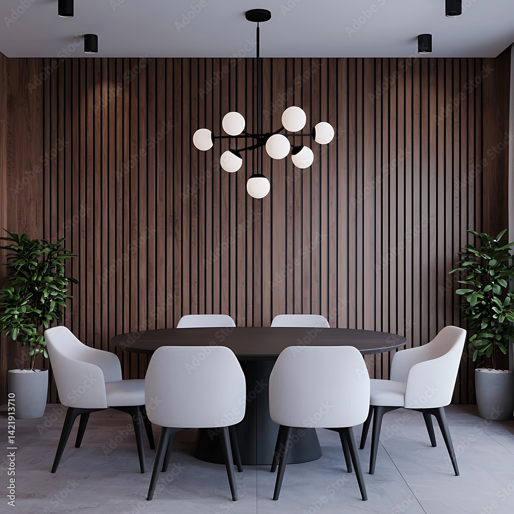 Modern Dining Room with Round Table, White Chairs, Wood Wall, Globe Chandelier and Plants Interior Design.