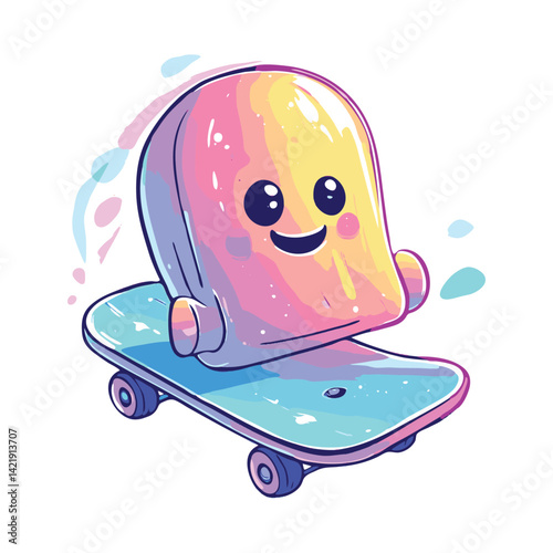Playful 2D skateboard mascot, minimalistic style, pastel colors, soft curves