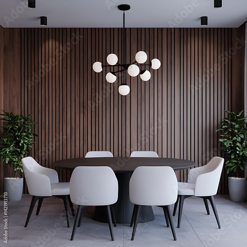 Obraz na płótnie Modern Dining Room with Round Table, White Chairs, Wood Wall, Globe Chandelier and Plants Interior Design. w salonie