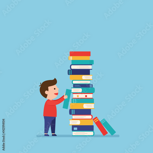 Child stacking colorful books in tall pile learning and education concept vector illustration 