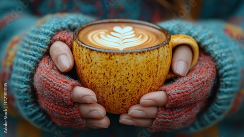 Woman's hands in gloves hold warm latte art coffee outdoors; autumn background; cozy beverage