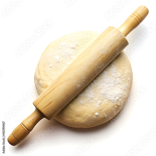 Raw dough and rolling pin isolated on white background