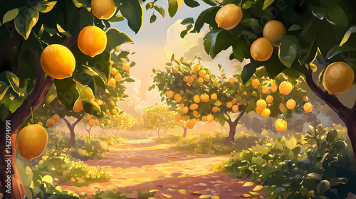 Obraz na płótnie Fresh golden lemons hang from green branches in a sunlit orchard showcasing organic gardening. Sunlit Tapestry. Illustration w salonie