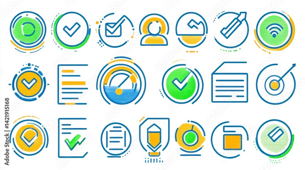 Collection of pixel art icons depicting various concepts related to business, technology, and processes. Check marks, data, and progress indicators are prominent. Collection of pixel art icons depicting various concepts related to business, technology, and processes. Check marks, data, and progress indicators are prominent.