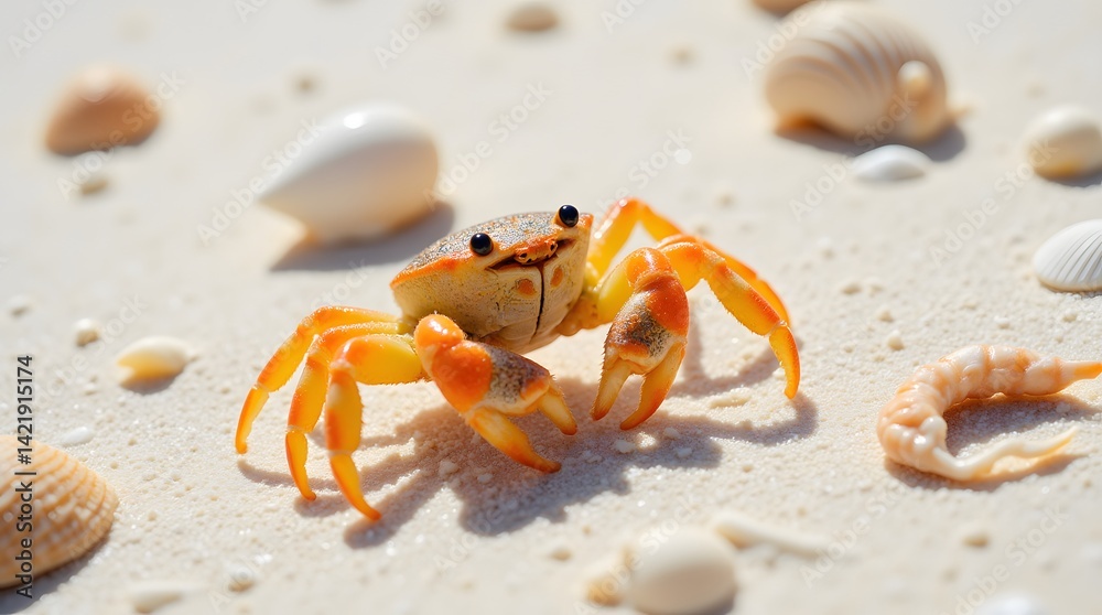 A tiny crab scuttles across the warm beach sand, surrounded by delicate seashells. Sunlight glints off its vibrant orange claws. A picturesque coastal scene. A tiny crab scuttles across the warm beach sand, surrounded by delicate seashells. Sunlight glints off its vibrant orange claws. A picturesque coastal scene.