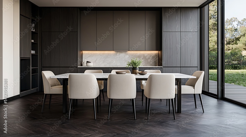 Modern Dining Space: Minimalist Decor, Elegant Chairs, Marble Table Top, and Natural Light, Creating Sophisticated Ambience.