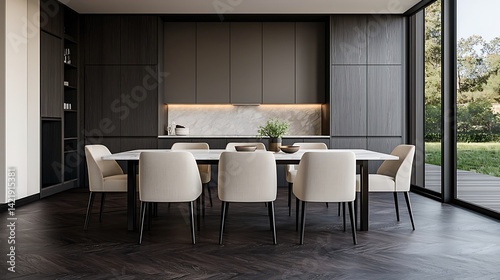 Obraz na płótnie Modern Dining Space: Minimalist Decor, Elegant Chairs, Marble Table Top, and Natural Light, Creating Sophisticated Ambience. w salonie