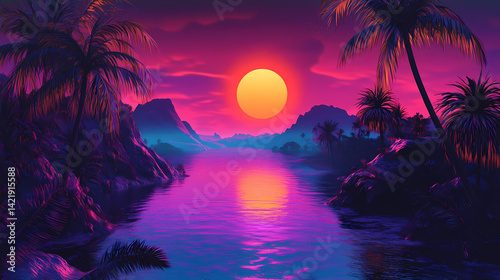 A captivating and enigmatic surreal dreamscape awash in a mesmerizing blend of vibrant neon hues evoking a sense of mystery imagination and otherworldly transcendence. Mirage Flood. Illustration