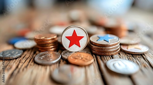 Close-up of Stacked Coins with Red and White Star on Wooden Surface