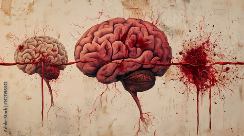 Obraz na płótnie Bleeding stroke artery, illustration of a human brain with two smaller brains connected by a line, emphasizing neural connections. Psyche Swell. Illustration w salonie