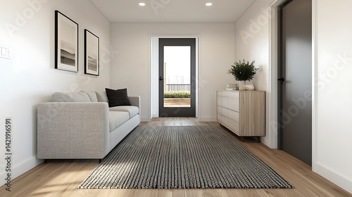 Obraz na płótnie Modern entryway design featuring neutral tones, minimalist decor, a striped rug, and a light-filled doorway to bring the outside in. w salonie