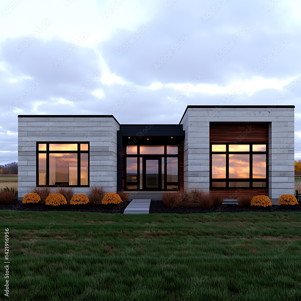 Modern Home Architecture Design with Landscaping and Cloudy Sky View, Simple Elegant Residence Exterior.