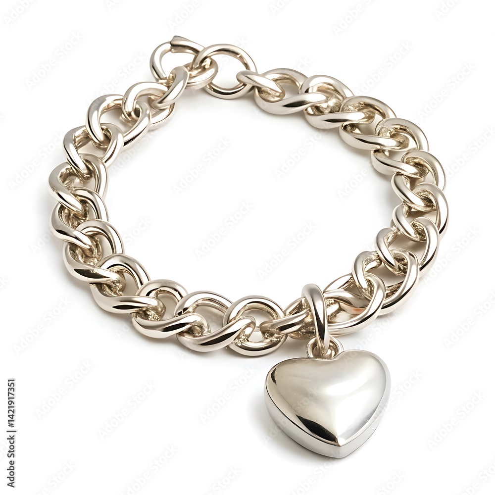 Obraz premium Silver chain bracelet with a heart charm isolated on white background