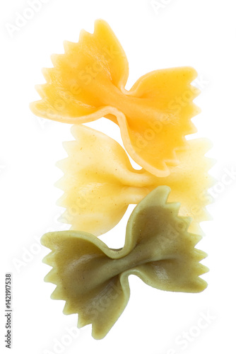 Three Colored Dry Farfalle Pasta Pieces with Transparent Background