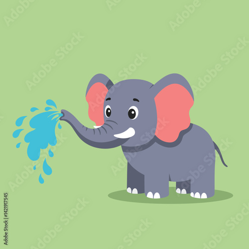 Cute cartoon elephant spraying water from trunk on green background vector illustration for children design 