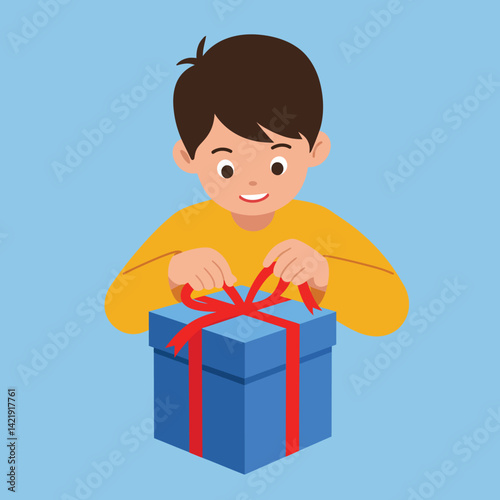 Boy happily opening blue gift box with red ribbon vector illustration in square format cheerful expression 