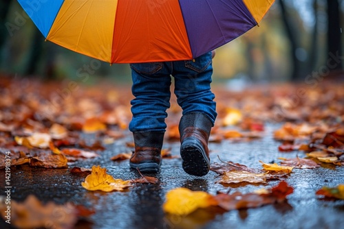 A small child with a colorful umbrella in his hands walks through the park in rainy weather. Under his feet are soft wet leaves.

