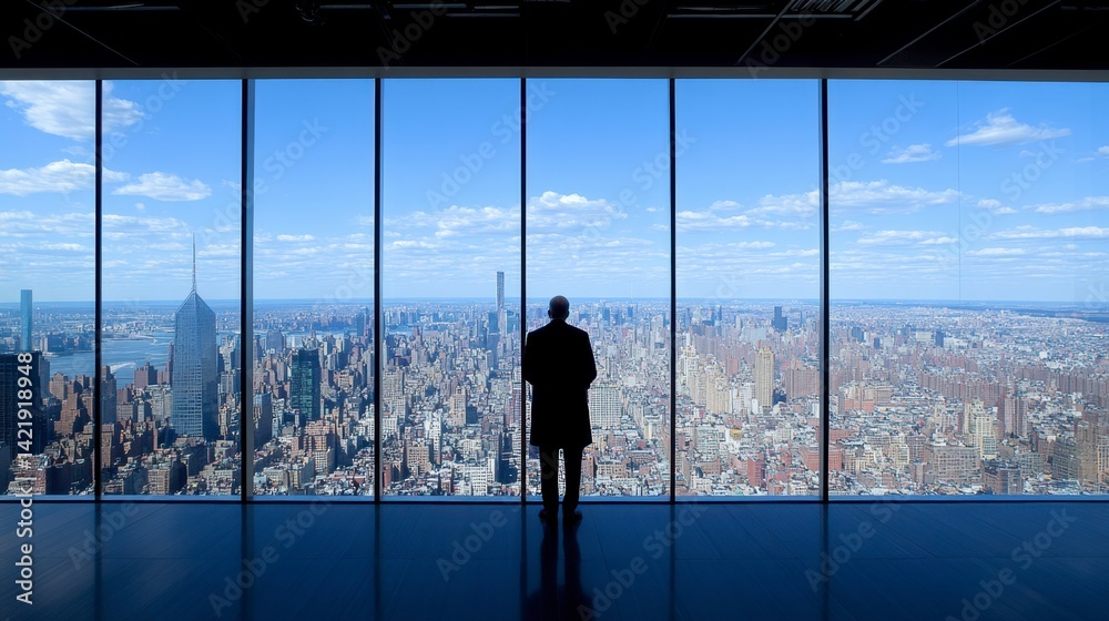 Silhouette of a person looking out at a cityscape from a skyscraper. Silhouette of a person looking out at a cityscape from a skyscraper.