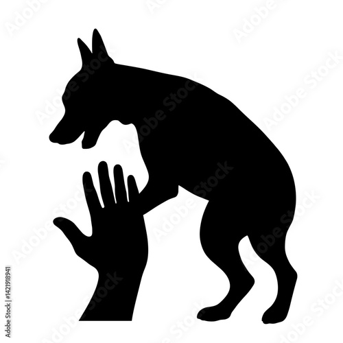 Dog playfully biting human hand silhouette, playful interaction