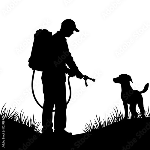 Silhouette of person spraying disinfectant on farm, agricultural care