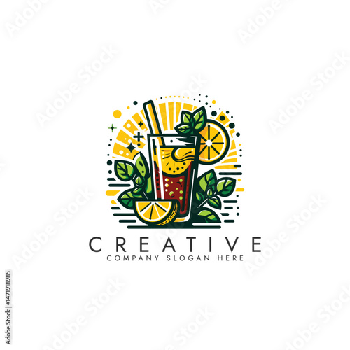 Lemon juice logo illustration design, logo featuring a glass of juice with a straw, lemon slices, and mint leaves, arranged in a dynamic and artistic composition vector design.
