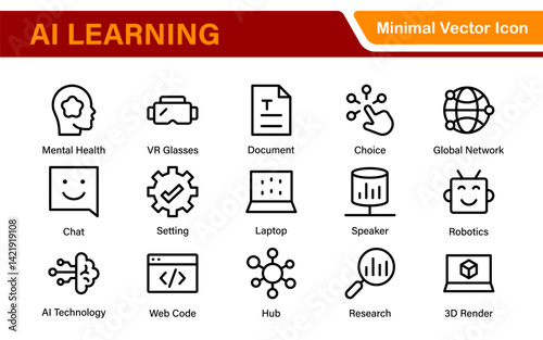 Artificial Intelligence Machine Learning Icons - AI, Neural Network, Deep Learning, Data Science, Algorithm - Vector, Outline, Line, Illustration, Minimal