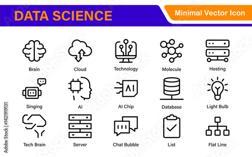 Artificial Intelligence Machine Learning Icons - AI, Neural Network, Deep Learning, Data Science, Algorithm - Vector, Outline, Line, Illustration, Minimal