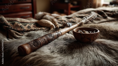 Close-up view of sacred pipe and carved bowl cultural significance in native american tradition