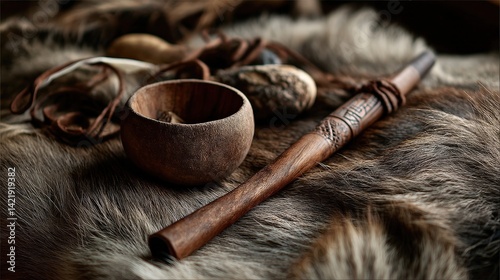 Crafting cultural heritage sacred pipe and carved bowl indigenous setting realistic photography natural environment close-up tradition