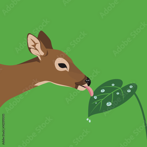 Deer licking water droplets from green leaf in simple nature illustration with green background 
