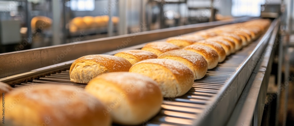 Freshly Baked Bread on a Conveyor Belt in a Modern Bakery