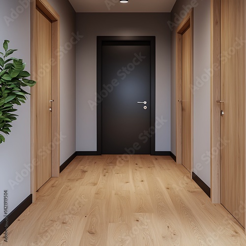 Modern Interior Design: Hallway with Wood Doors, Black Door and Plant, Light Wood Flooring Creates Bright Atmosphere.
