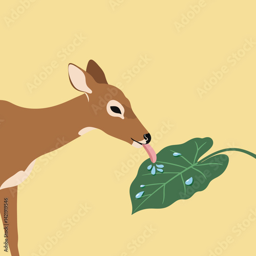 Deer licking water droplets from green leaf on beige background in minimalist nature scene 