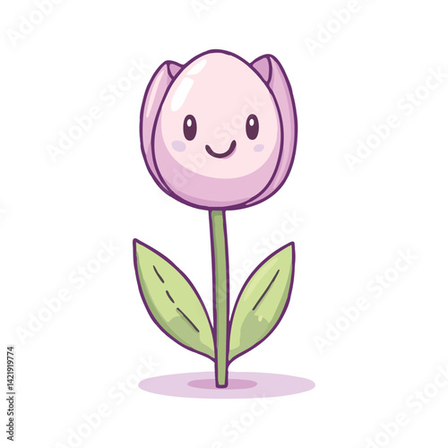 Playful 2D tulip mascot, minimalistic design, soft pastel purple, clean and simple lines