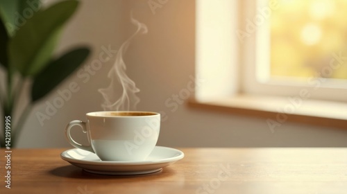 Wallpaper Mural Aromatic Steam Rising from a Warm Cup of Coffee on a Wooden Table near a Window Torontodigital.ca