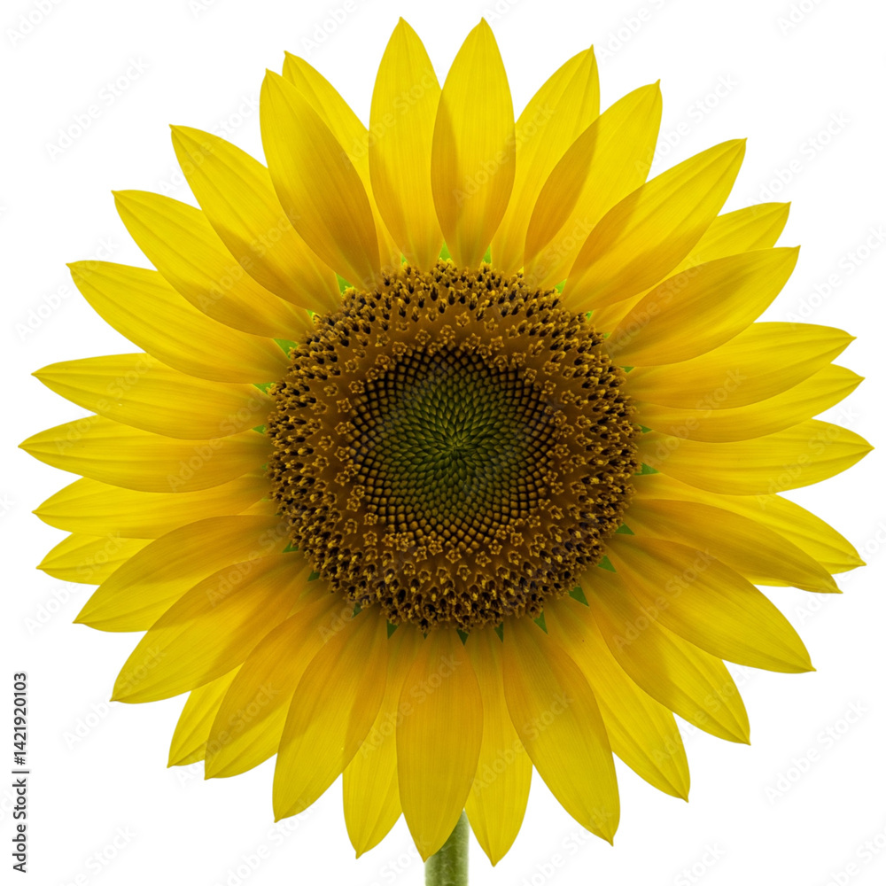 Fototapeta premium A radiant sunflower, its golden petals unfurling in vibrant summer sunlight, radiating warmth and joy against a clean white backdrop.