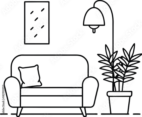 continuous-line-interior-with-sofa--plant-and-lamp
