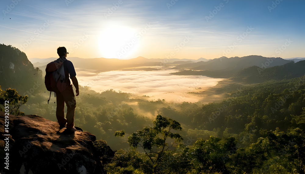 Fototapeta premium Hiker's Vantage Point: A lone hiker stands at the edge of a precipice, gazing at a breathtaking vista of rolling hills and valleys blanketed in a misty morning fog.
